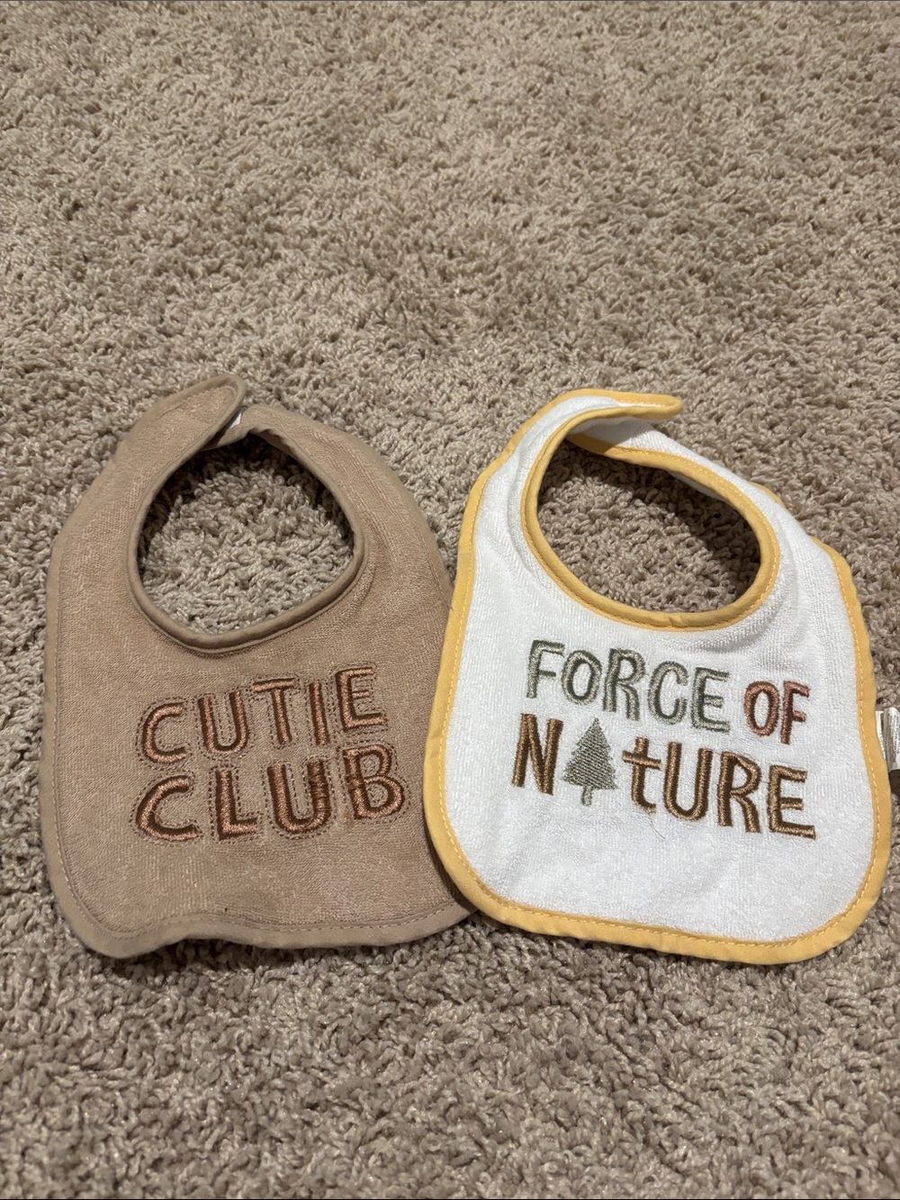 Brown and White Baby Bib Duo with Yellow Trim
